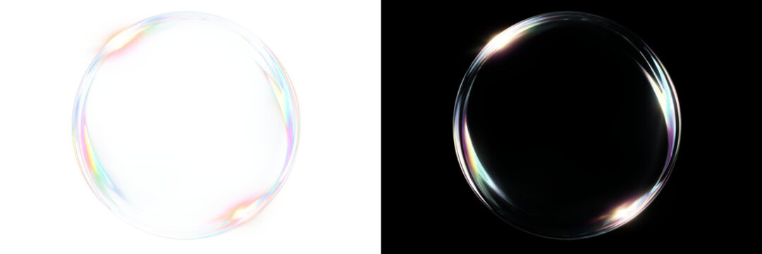 Transparent png of two realistic soap bubbles with iridescent rainbow reflections and clear liquid spheres isolated on transparent overlay for creative design and background use bubble ball water air