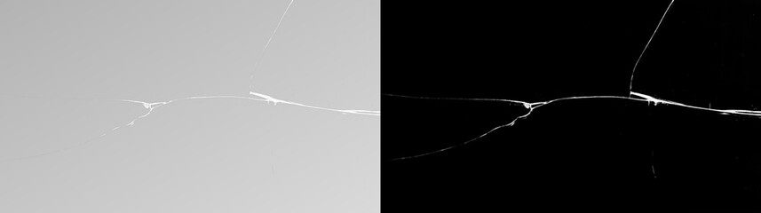 Transparent png of black shattered broken glass crack pattern overlay effect design isolated on gray background with realistic texture impact damage fracture and sharp fragments glasses fractured web © OLEKSII