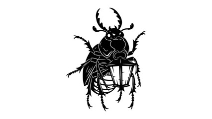 Beetle with Lantern: A striking black silhouette of a beetle holding a vintage lantern, creating a whimsical and enchanting scene. © Mdalamgir