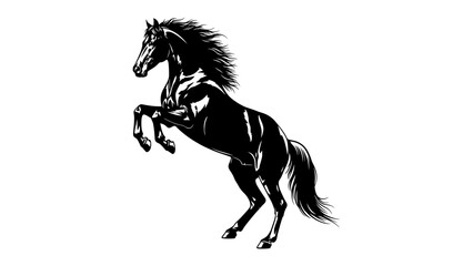 Majestic Black Stallion Rearing: A powerful black stallion stands on its hind legs, its mane flowing in the wind, exuding untamed spirit and raw energy. A symbol of freedom and strength. © Mdalamgir