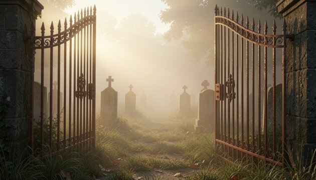 Cemetery gates open with bright morning haze and silhouettes beyond peaceful graveyard path