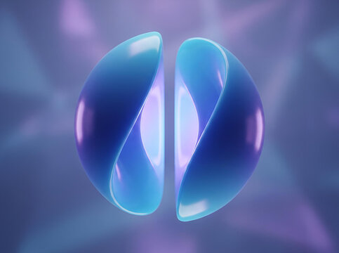 Abstract glossy split blue sphere with glowing purple light on geometric background