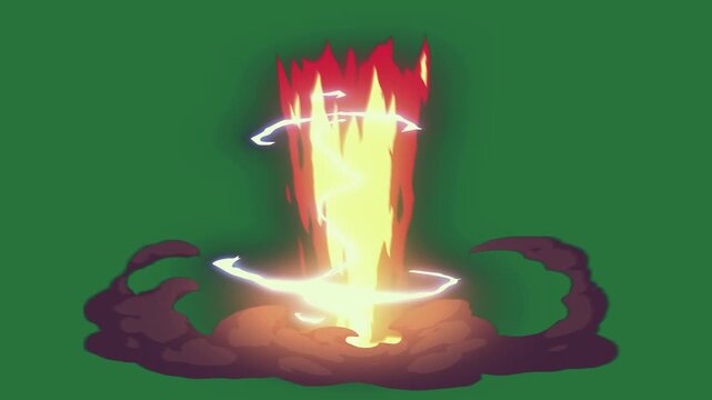 A green screen with fire on it and an illustration of background in the middle picture red dot cartoon burning is lit rock animated chromakey background frame colorful expression cartoonish