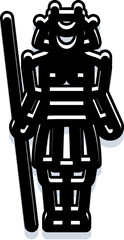 Naklejka premium Stylized black and white illustration depicting an ancient warrior figure dressed in traditional armor, standing upright and holding a long spear, symbolizing strength, history, and martial arts