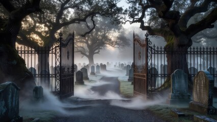 Naklejka premium Ancient cemetery gates open beside dark trees and weathered graves in a moody quiet scene
