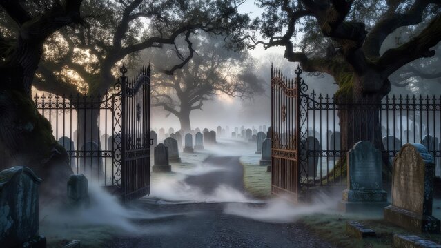 Ancient cemetery gates open beside dark trees and weathered graves in a moody quiet scene