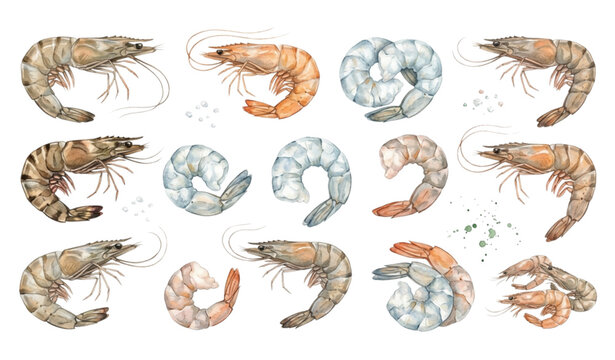 Watercolor shrimp and prawn vector set with fresh seafood clipart collection