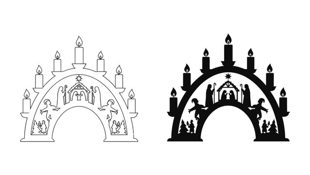 Christmas Arch and Nativity Scene: A silhouette of a traditional Christmas arch featuring angel figures and candleholders.