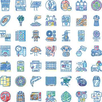 Set of colorful hand drawn doodle icons representing a wide range of everyday objects, business concepts, education themes, and abstract art elements on a white background