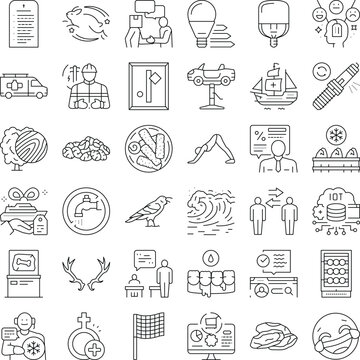 Collection of outline black vector icons illustrating diverse concepts including finance, health, food, wellness, transportation, technology, nature, and communication on a clean white background