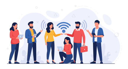 Fototapeta premium Diverse group of people connecting and sharing via Wi-Fi technology, modern flat illustration style.