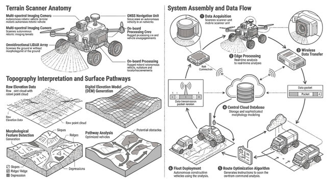 Terrain scanner system assembly and data flow diagram.