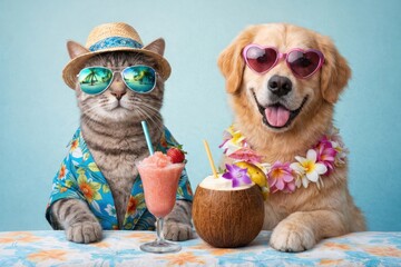 Obraz premium Cat dog tropical vacation fun