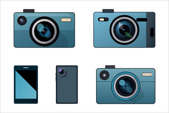 Set of modern digital cameras and smartphones flat design vector illustration of various photo capturing devices