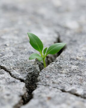 Green sprout emerging through cracked concrete, symbolizing innovation, resilience, and growth through adversity
