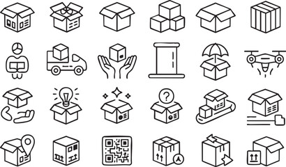 Fototapeta premium Logistics Shipping Line Icons with Package Warehouse Truck Drone and QR Tracking Symbols