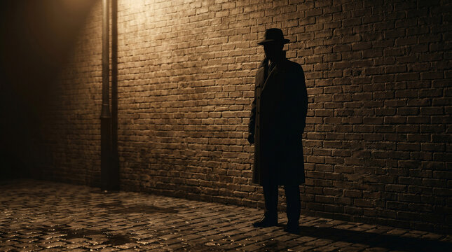 Man in fedora and trench coat standing in dark alleyway with detective mysterious suspense silhouette