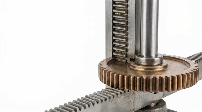 Industrial metal rack and pinion gear mechanism isolated against a clean white studio background setting