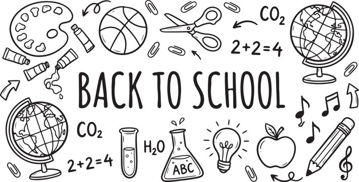 Hand drawn back to school doodle set with globes, paint palette, test tubes, scissors, pencil, and math equations on a white background, for educational projects