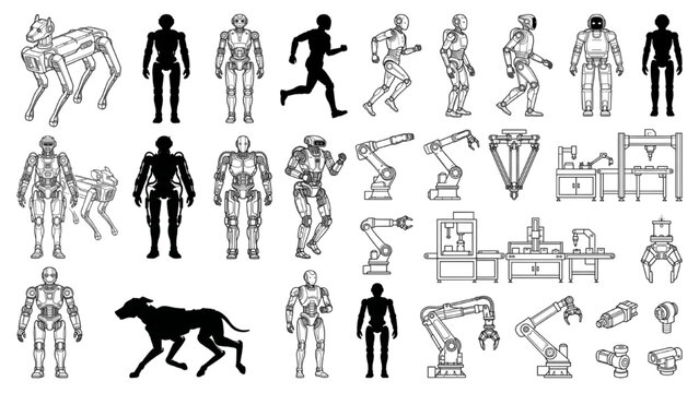 Collection of robot and industrial machine illustrations. Includes humanoid robots, robotic arms, and a robotic dog, showcasing advancements in automation and technology.