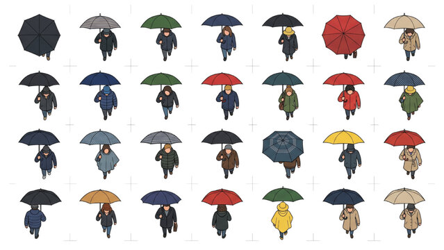 A collection of people walking with umbrellas. The umbrellas are in various colors and designs, with each person holding one above their head. Some of the umbrellas are closed, while others are open.