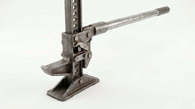 Heavy duty industrial farm jack constructed from weathered grey metal isolated on a clean white background