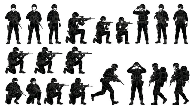 A collection of black silhouette illustrations of soldiers in various tactical poses, holding weapons and equipment