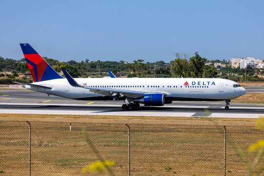 Luqa, Malta - June 20, 2026: Delta Air Lines Boeing 767-332ER (Reg.: N177DZ) arriving 2 hours behind scheduled time.