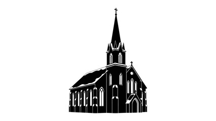 Classic Church Silhouette: A striking black silhouette of a traditional church, complete with a steeple and arched windows, stands against a clean white background, representing faith and community. © md1