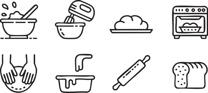 Baking Recipe Line Icons with Dough Mixing Oven Rolling Pin and Bread Preparation Symbols