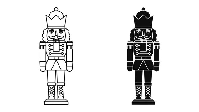 King Nutcracker Duo: Two stylized nutcracker figures, one outlined in black and white and the other in solid black silhouette, stand regal and ready for the festive season.