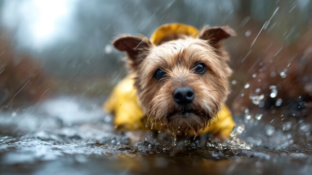A cute dog wearing a yellow raincoat splashes through puddles, showcasing the bliss of playful innocence and the joy pets bring to rainy days in the great outdoors.