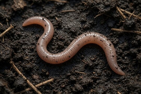 Close-Up Earthworm Crawling on Wet Garden Soil With Water Droplets and Organic Matter