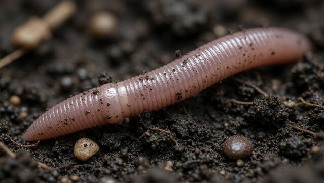 Close-Up Earthworm Crawling on Wet Garden Soil With Water Droplets and Organic Matter