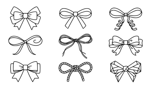 Minimalist line bows and ribbon bowknot vector set simple outline gift box decoration elements