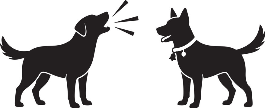 Two black silhouette dogs facing each other one barking silhouette communication standing