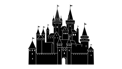 Fantasy Castle Silhouette: A majestic and imposing silhouette of a fairytale castle, complete with towering spires, battlements, and fluttering flags, stands as a symbol of imagination and wonder. © md