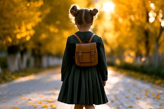 Schoolchild with backpack walking in autumn park, back view