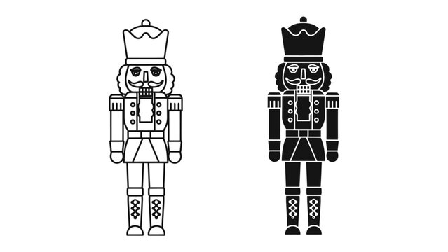 Nutcracker Soldier Duo: Two iconic nutcracker soldier figures, one in outline and the other in solid black, stand at attention, representing classic holiday decor and design.