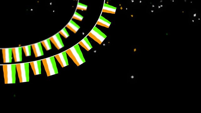 Indian Tricolor Flag Bunting Animation with Confetti on Black Background - Independence Day Celebration Loop, Festive animated video featuring curved strings of Indian tricolor flag bunting with float