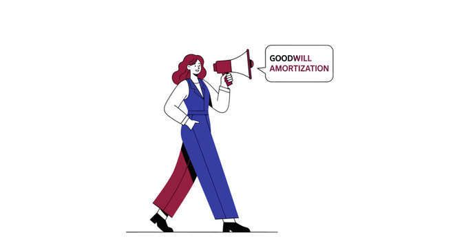 Woman with megaphone promoting goodwill amortization concept.