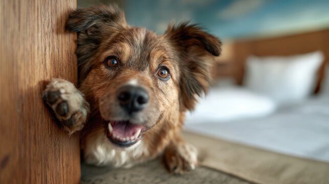 A cute and playful dog peering around a corner with a friendly expression, embodying pure joy and the unconditional love that pets bring into our lives.