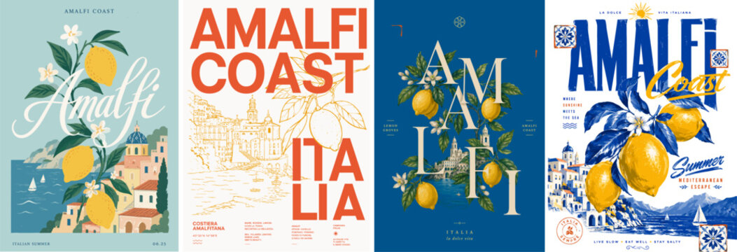 Amalfi Coast vector poster set with lemons, seaside village, blue sea, floral branches and bold typography for Italian summer travel, Mediterranean vacation and wall decor