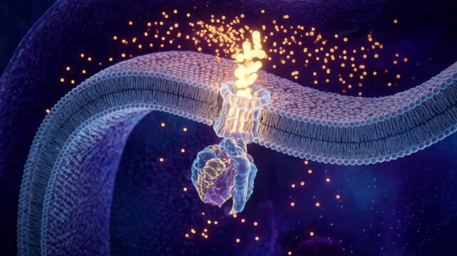 3D scientific visualization of hydrogen ions flowing through ATP synthase enzyme spinning in mitochondrial inner membrane