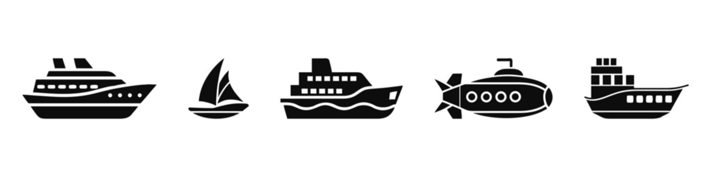 Set of bold black silhouette icons featuring different types of boats and maritime vessels. Includes yacht, sailboat, cargo ship, submarine, fishing boat, cruise ship, speedboat, canoe, ferry and more