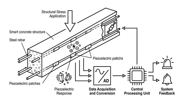 Piezoelectric smart concrete structure monitoring diagram.