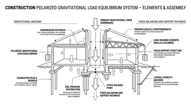 Polarized gravitational load equilibrium system structural blueprint.
