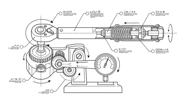 Precision torque wrench assembly diagram with measurement scale