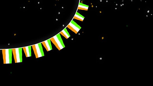 Indian Tricolor Flag Bunting Corner Animation with Confetti on Black Background for Patriotic Celebrations, Animated Indian tricolor flag bunting arranged in a curved corner design