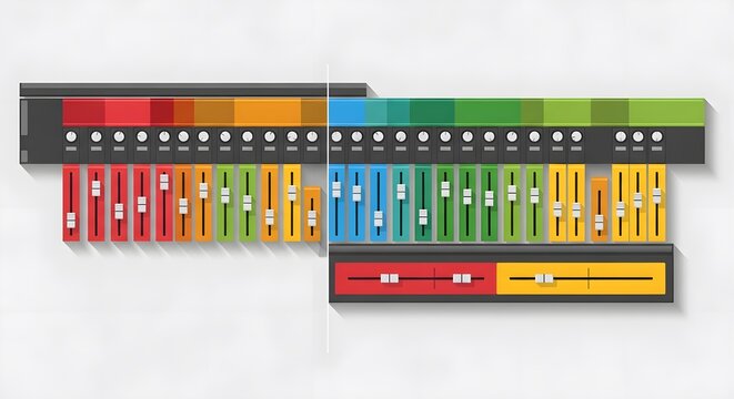 Colorful Modular Mixing Console with Digital Sliders and Knobs